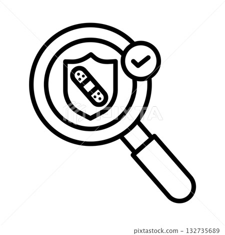 安全補丁圖標，顯示一個放大鏡突出顯示問題，盾牌上的創可貼表示修復已完成。 132735689