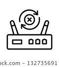 An icon of an outdated router with a spinning arrow and a cross in the middle. 132735691