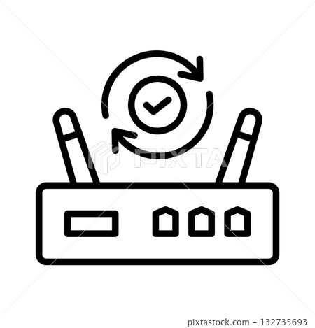An updated router icon with a spinning arrow and a check mark in the center. 132735693