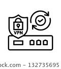 An updated VPN router icon with a rotating arrow and a check mark in the center. 132735695