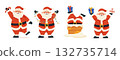 Santa Claus, a set of Christmas characters. Santa is dancing with gifts, stuck in a fireplace, and carrying sweets. Flat vector illustration isolated on a white background. 132735714