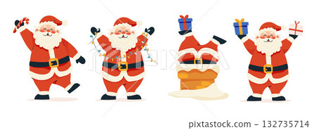 Santa Claus, a set of Christmas characters. Santa is dancing with gifts, stuck in a fireplace, and carrying sweets. Flat vector illustration isolated on a white background. 132735714
