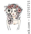 A young woman with beautiful hair adorned with flowers. Colored line drawing for coloring. Concept of female beauty, cosmetics, and self-care. Vector hand-drawn illustration on a white background. 132735715