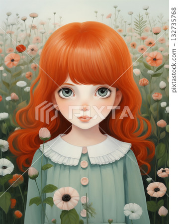 Portrait of a girl in a flower field with red hair and green dress 132735768