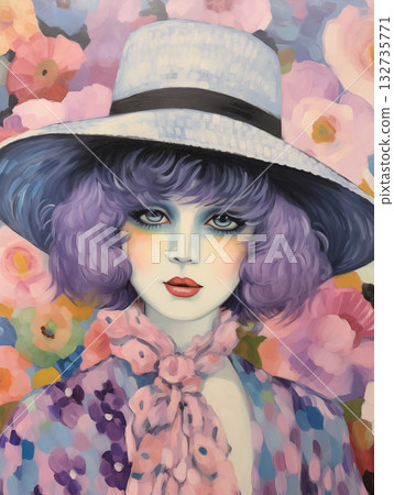 Naive art portrait of girl with lavender hair wearing a hat surrounded by colorful flowers Naive art portrait of girl with lavender hair wearing a hat surrounded by colorful flowers 132735771