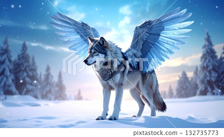 一隻神秘的白狐展開冰翼。一個神秘的生物佇立在閃閃發光的藍色冰洞中。 132735773