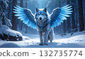一隻神秘的白狐展開冰翼。一個神秘的生物佇立在閃閃發光的藍色冰洞中。 132735774
