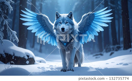 A mystical white fox spreading its wings of ice. A mysterious creature standing in a glittering blue ice cave. 132735774