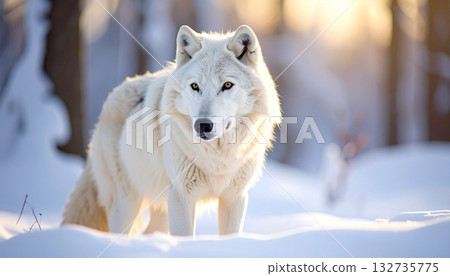 一隻白色的北極狐站在雪地裡。柔和的冬日陽光灑在它身上，構成了一幅美麗的自然景象。 132735775