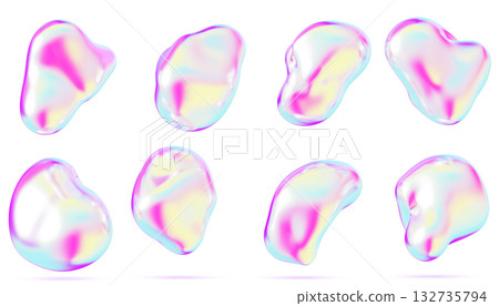 3d liquid rainbow chrome drop set. Holographic y2k abstract blobs with bright pastel pink purple turquoise yellow gradient. Iridescent fluid metal shapes, decorative elements on white. 3D illustration 3d liquid rainbow chrome drop set. Holographic y2k abstract blobs with bright pastel pink purple turquoise yellow gradient. Iridescent fluid metal shapes, decorative elements on white. 3D illustration 132735794