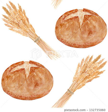 Rustic bread loaves and golden wheat watercolor seamless pattern on white background. Hand-painted bakery design with warm tones, perfect for packaging, kitchen decor, textile or organic food branding Rustic bread loaves and golden wheat watercolor seamless pattern on white background. Hand-painted bakery design with warm tones, perfect for packaging, kitchen decor, textile or organic food branding 132735860