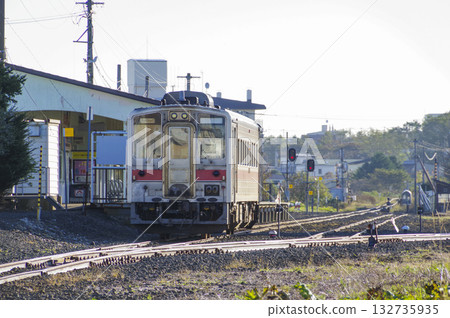 A train stopping at Nemuro Station, the easternmost station in Japan A train stopping at Nemuro Station, the easternmost station in Japan 132735935