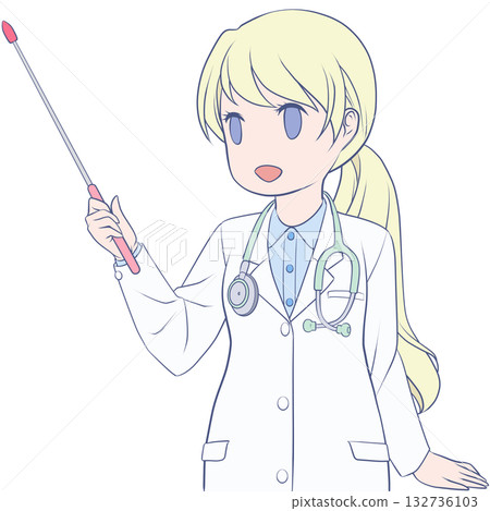 一位微笑的女醫生手持指示棒。年輕女性用指示棒講解的剪貼畫。 一位微笑的女醫生手持指示棒。年輕女性用指示棒講解的剪貼畫。 132736103
