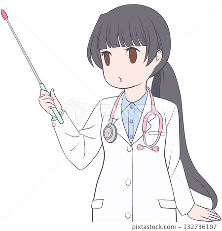 一位可愛的女醫生拿著指示棒。年輕女性用指示棒講解的剪貼畫。 132736107