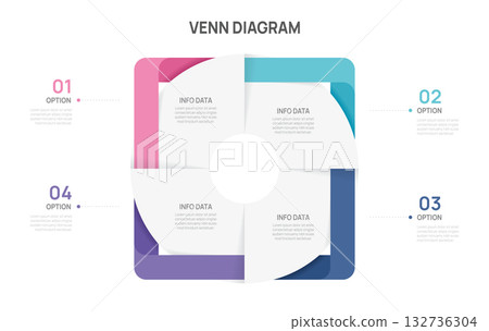 Venn diagram infographic chart template for business 4 color parts options, presentation with icon elements vector illustration. Venn diagram infographic chart template for business 4 color parts options, presentation with icon elements vector illustration. 132736304