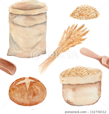 Rustic bread, wheat, flour bags, and wooden scoops. Hand-painted watercolor seamless pattern farmhouse style clipart in warm tones, perfect for bakery branding, packaging, textile or kitchen decor 132736312