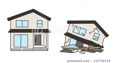 Illustration of a house collapsed by an earthquake and a house before it collapsed 132736314