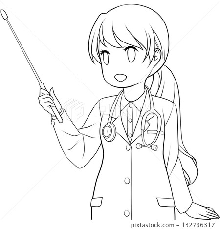 A smiling female doctor holding a pointer. A monochrome line drawing of a young woman explaining with a pointer 132736317