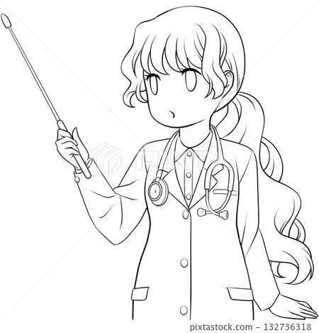 A cute female doctor holding a pointer. A monochrome line drawing of a young woman explaining with a pointer 132736318