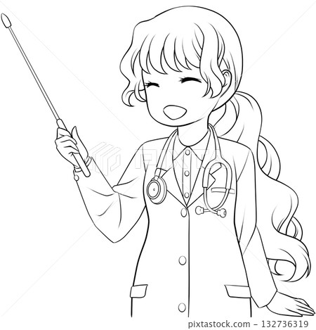 A smiling female doctor holding a pointer. A monochrome line drawing of a young woman explaining with a pointer 132736319