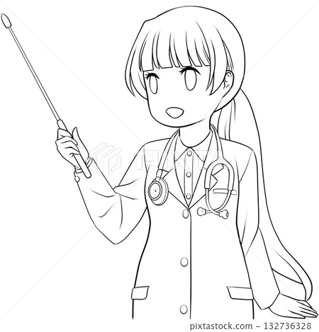 A smiling female doctor holding a pointer. A monochrome line drawing of a young woman explaining with a pointer A smiling female doctor holding a pointer. A monochrome line drawing of a young woman explaining with a pointer 132736328