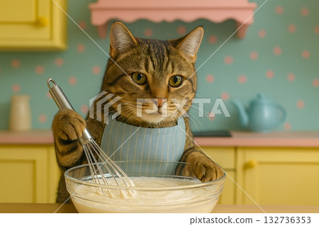 貓咪製作糖果，攪打奶油，打發的糖果 132736353