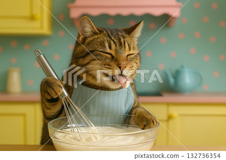 A cat whipping cream to make sweets - Homemade sweets A cat whipping cream to make sweets - Homemade sweets 132736354
