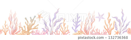 Seamless border with watercolor seaweed, ocean life, hand drawn illustration 132736368