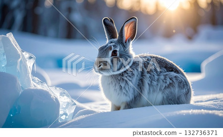A wild rabbit standing in a snowy field. A moment of silence woven by the cold winter air and soft light. 132736371