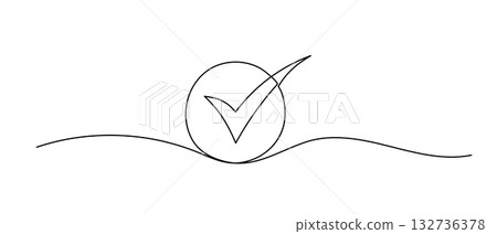 Checkmark in circle one line illustration. Hand drawn vector continuous icon isolated on white background. Checkmark in circle one line illustration. Hand drawn vector continuous icon isolated on white background. 132736378