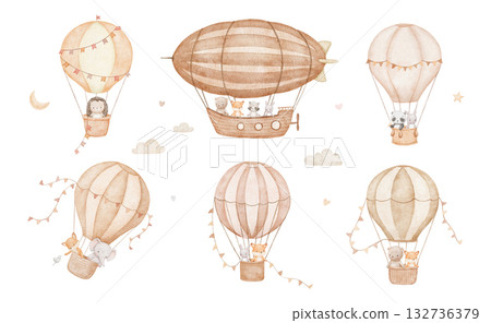 Hot air balloon and zeppelin with cute baby animals. Bear, bunny and hedgehog, watercolor isolated illustrations for poster or card, hand drawn art Hot air balloon and zeppelin with cute baby animals. Bear, bunny and hedgehog, watercolor isolated illustrations for poster or card, hand drawn art 132736379