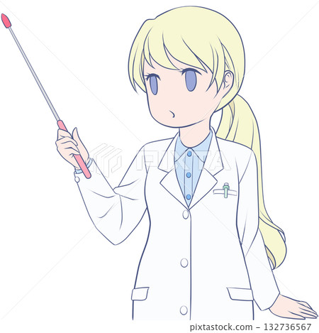 一位可愛的女藥劑師拿著指示棒。年輕女性用指示棒講解的剪貼畫。 132736567
