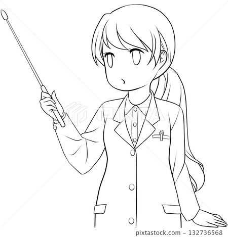 一位可愛的女藥劑師拿著指示棒。一幅黑白線條畫，描繪了一位年輕女子用指示棒進行講解。 132736568