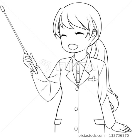 一位面帶微笑的女藥劑師手持指示棒。一幅黑白線條畫，描繪了一位年輕女子用指示棒進行講解的場景。 132736570
