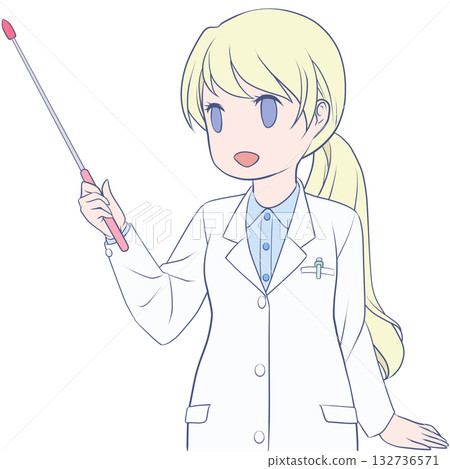 A smiling female pharmacist holding a pointer. Clip art of a young woman explaining with a pointer 132736571