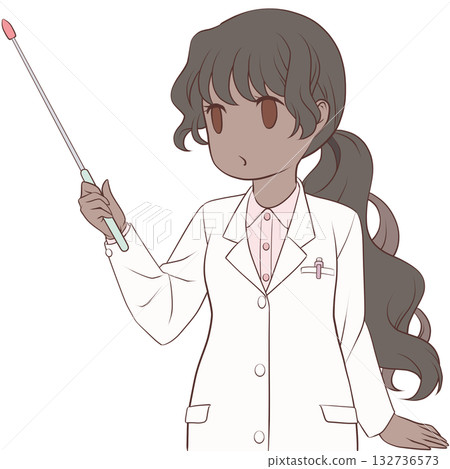 A cute female pharmacist holding a pointer. Clip art of a young woman explaining with a pointer 132736573
