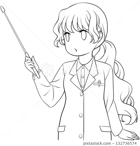 A cute female pharmacist holding a pointer. A monochrome line drawing of a young woman explaining with a pointer 132736574
