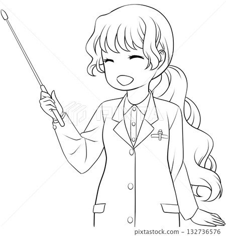 A smiling female pharmacist holding a pointer. A monochrome line drawing of a young woman explaining with a pointer A smiling female pharmacist holding a pointer. A monochrome line drawing of a young woman explaining with a pointer 132736576