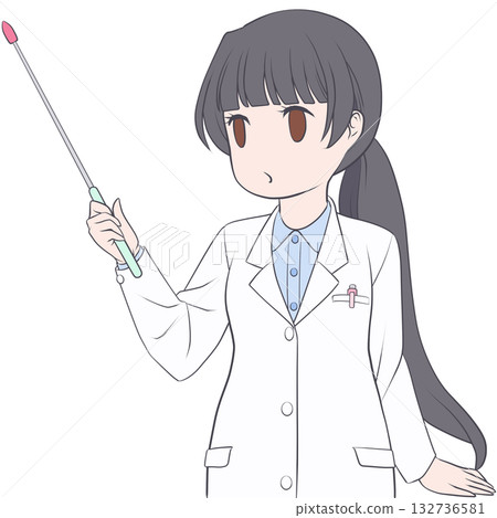 一位可愛的女藥劑師拿著指示棒。年輕女性用指示棒講解的剪貼畫。 一位可愛的女藥劑師拿著指示棒。年輕女性用指示棒講解的剪貼畫。 132736581
