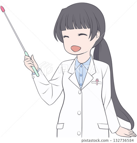一位面帶微笑的女藥劑師手持指示棒。年輕女性用指示棒講解的剪貼畫。 132736584