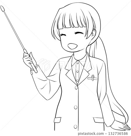 一位面帶微笑的女藥劑師手持指示棒。一幅黑白線條畫,描繪了一位年輕女子用指示棒進行講解的場景。 一位面帶微笑的女藥劑師手持指示棒。一幅黑白線條畫,描繪了一位年輕女子用指示棒進行講解的場景。 132736586