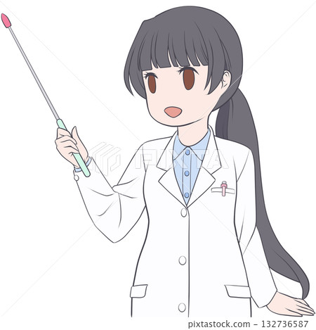 A smiling female pharmacist holding a pointer. Clip art of a young woman explaining with a pointer 132736587