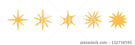Yellow hand drawn glitter twinkle star icons. Doodle shine star burst sign. Sketch magic blink set. Doodle spark shape icon design element. Vector illustration on white background 132736595