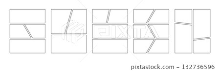 Comic book panels set. Manga collage blank template. Storyboard layout panel. Empty page line frame for photo collage. Comic book board mockup. Vector illustration isolated on white background 132736596