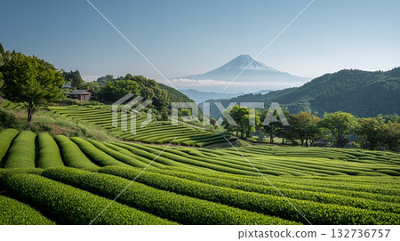遠處富士山聳立，茶園景色盡收眼底。 132736757