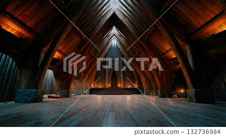 A large wooden church with a wooden floor and vaulted ceiling 132736984