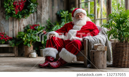 A man dressed as Santa Claus sitting in a chair in a room A man dressed as Santa Claus sitting in a chair in a room 132737055