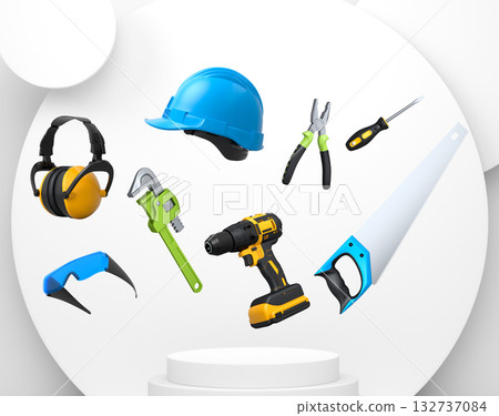 Construction tools and safety equipment floating over podium on abstract background, industrial work and protection concept 132737084