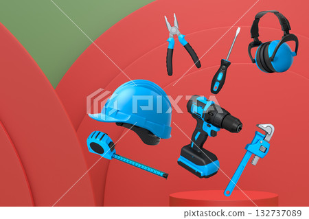Construction tools and safety equipment floating over podium on abstract background, industrial work and protection concept Construction tools and safety equipment floating over podium on abstract background, industrial work and protection concept 132737089