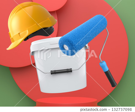 Hard hat, paint bucket and roller brush floating in air over podium on abstract background, renovation and construction tools 132737098
